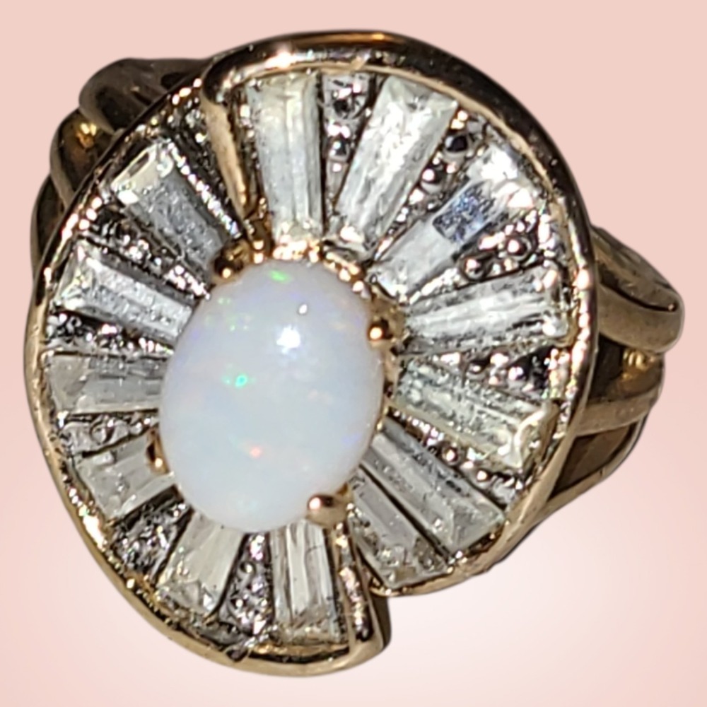 Vintage 18K HGE Genuine Opal CZ Halo Cocktail Ring Size 9 Art Deco Style